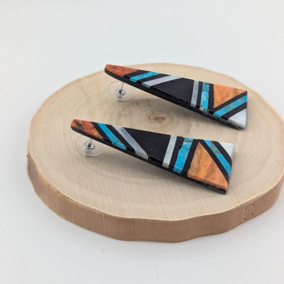 Native American Mosaic Dangle Earrings Handmade Inlay Jewelry Museum Quality** - Picture 7 of 10